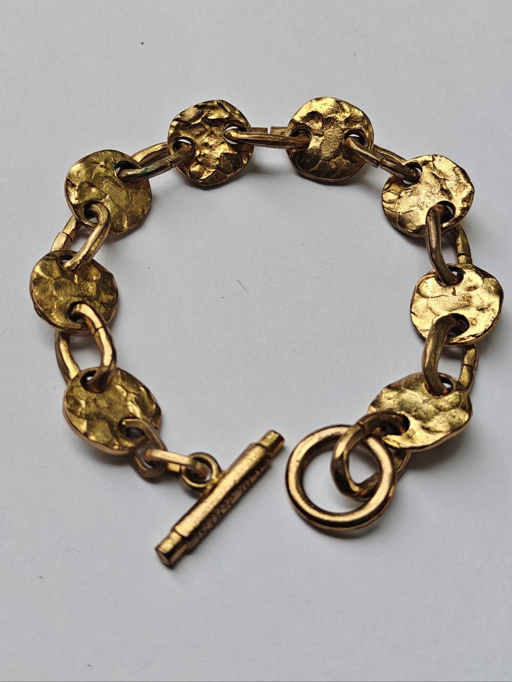 Vintage Signed Biche De Bere Paris Gold Tone Hammered Round Link Bracelet